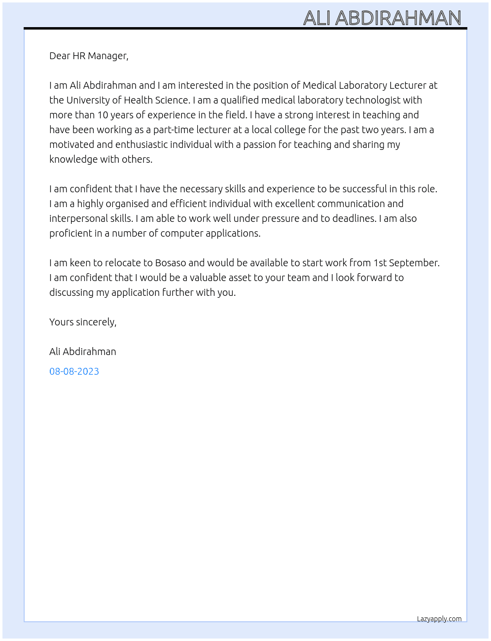 Medical Laboratory Lecturer At University of Health Science  Cover Letter
