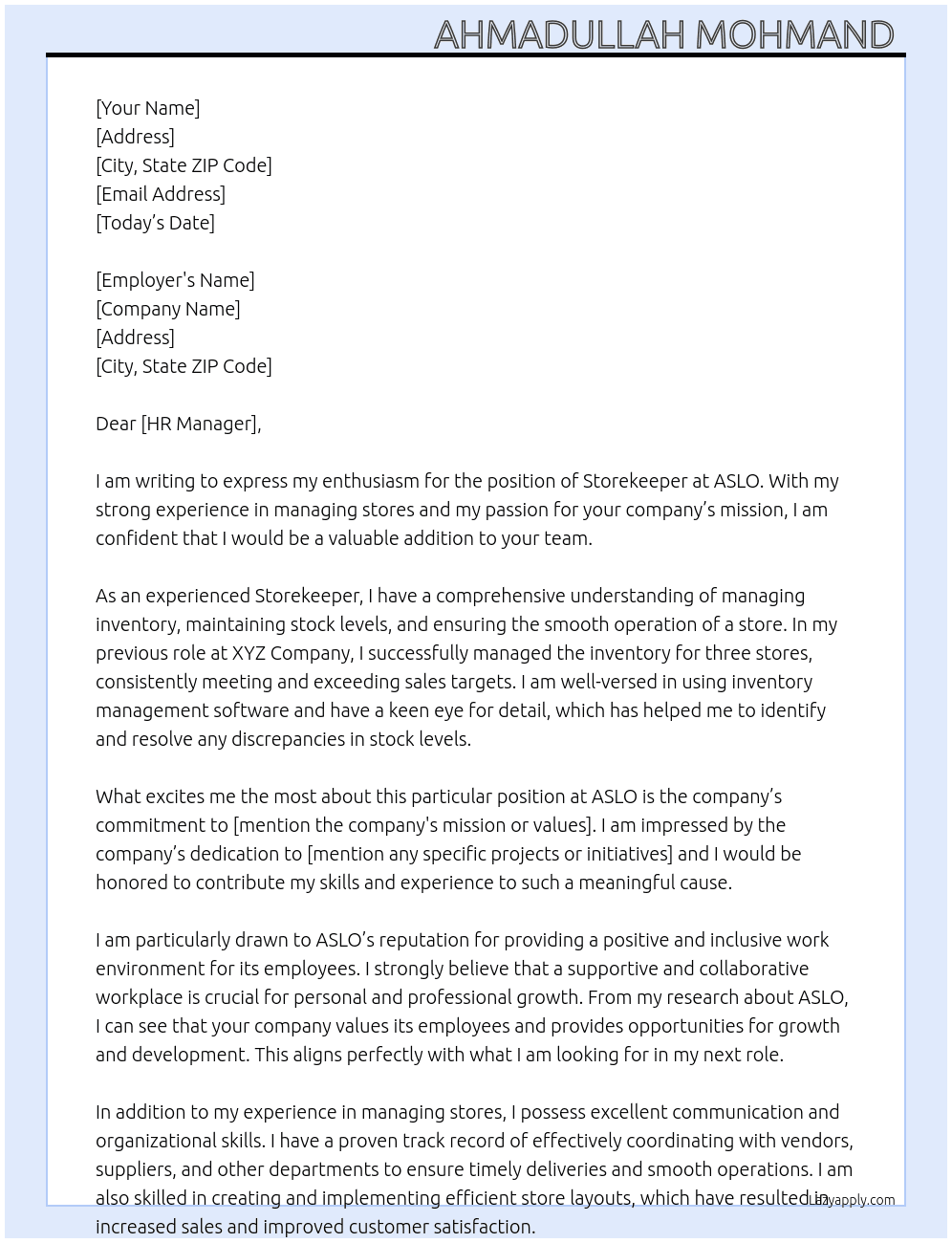 Storekeeper  At ASLO Cover Letter