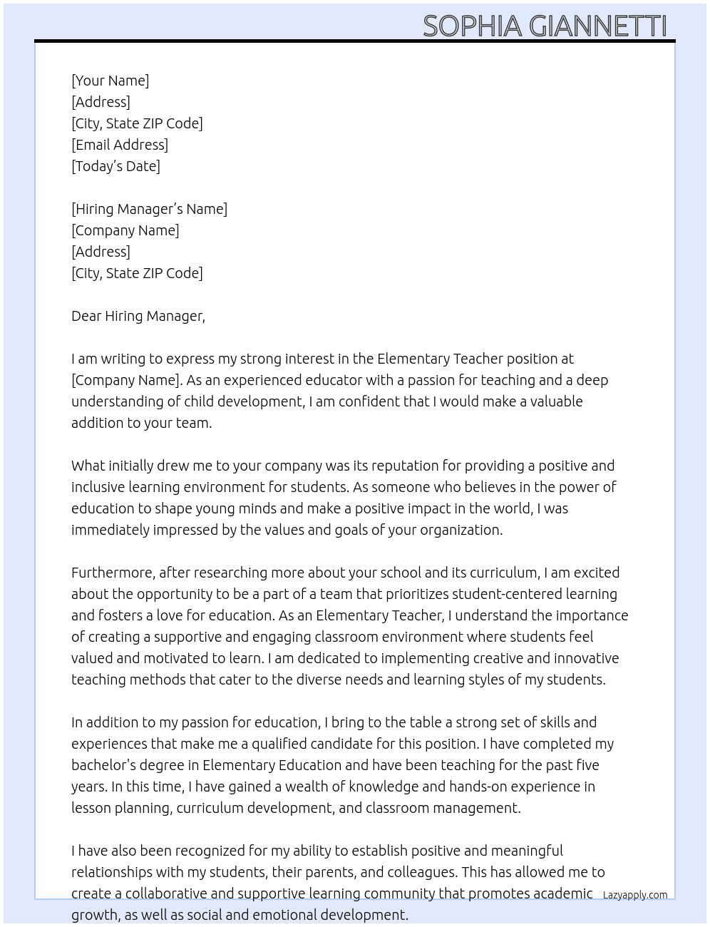 Elementary  At Elementary Teacher Cover Letter