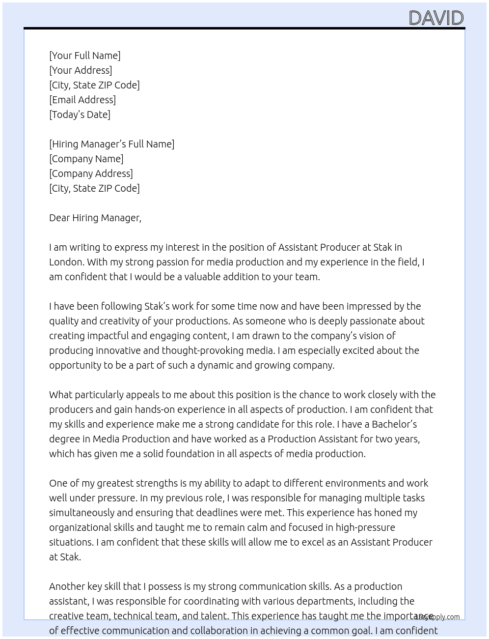 Assistant Producer At Stak Cover Letter