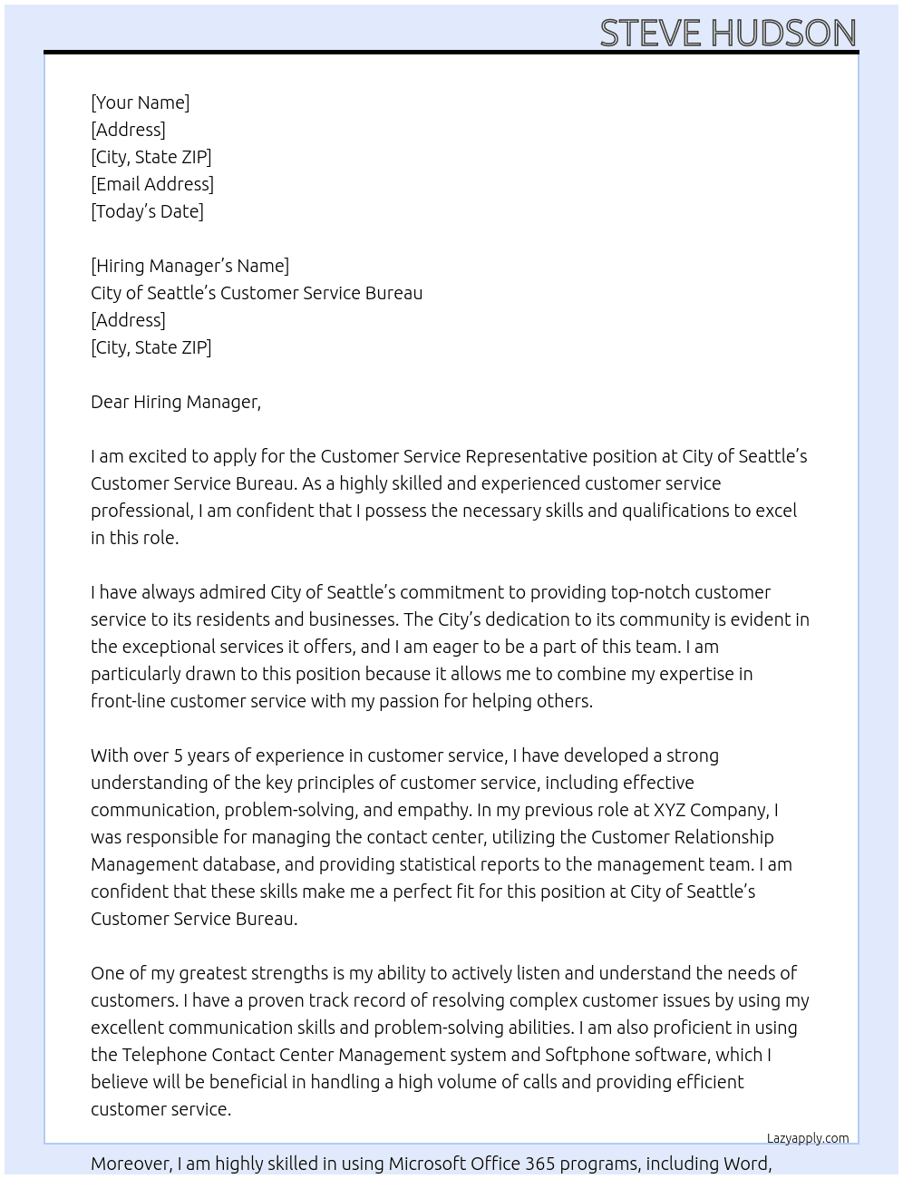 Customer Service Representative At City of Seattle’s Customer Service Bureau Cover Letter