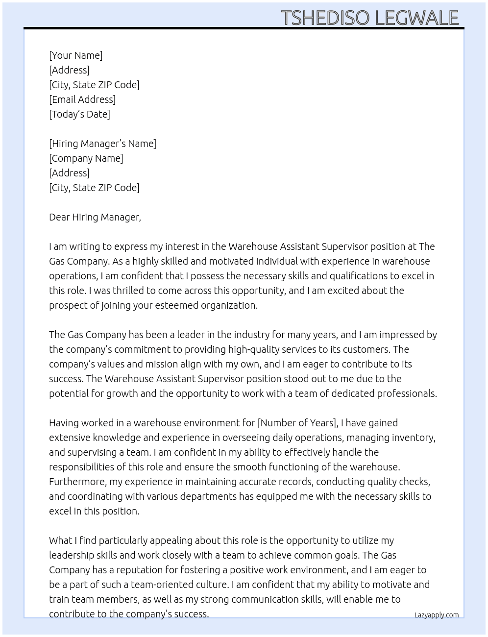 Cover letter for warehouse assistant supervisor or related - LazyApply