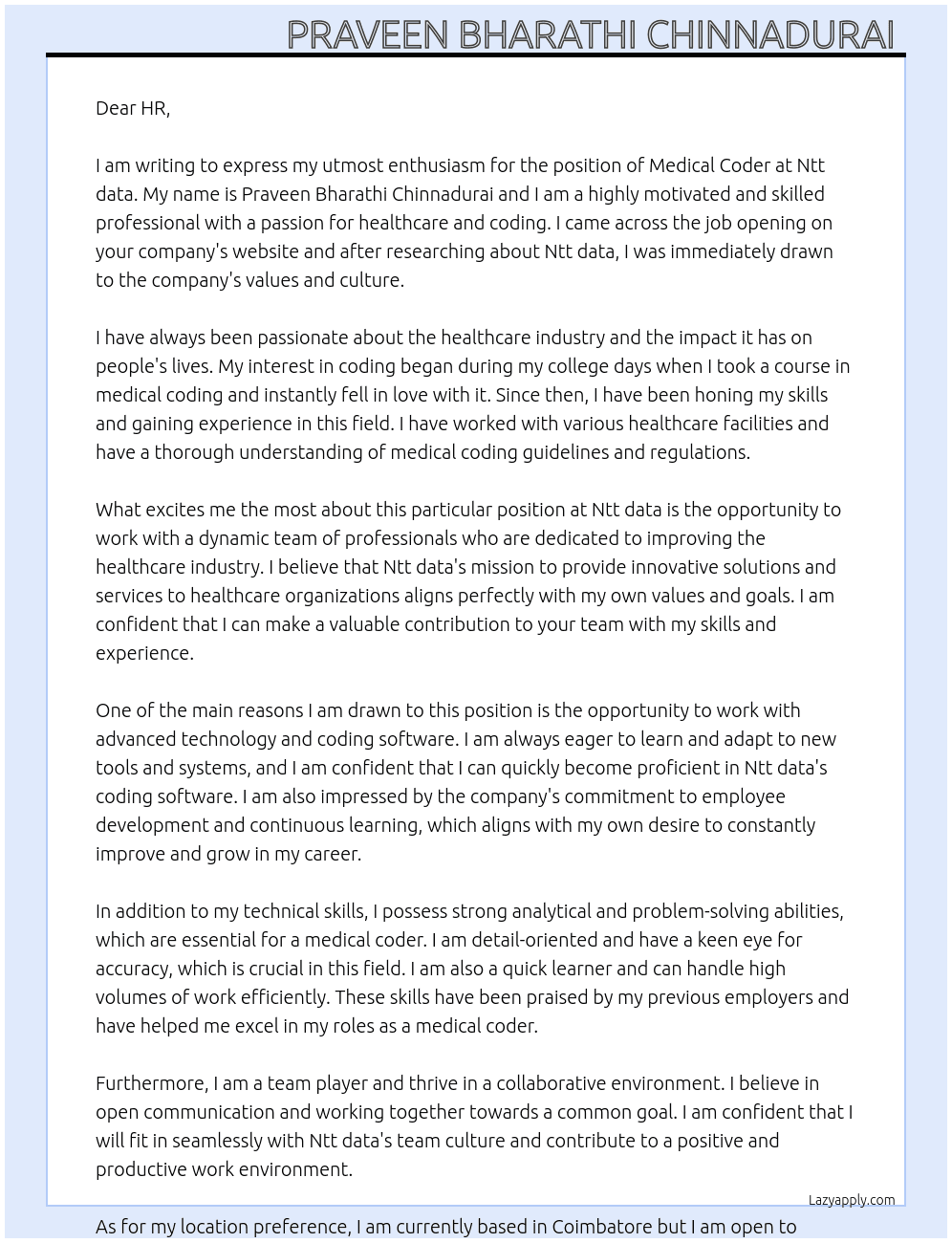 Medical coder At Ntt data Cover Letter
