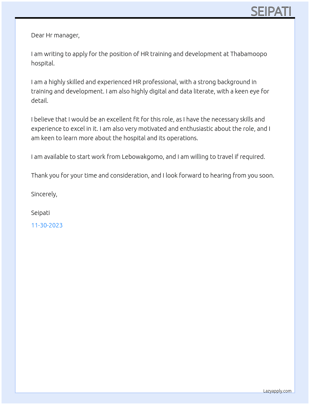 HR training and development  At Thabamoopo hospital  Cover Letter