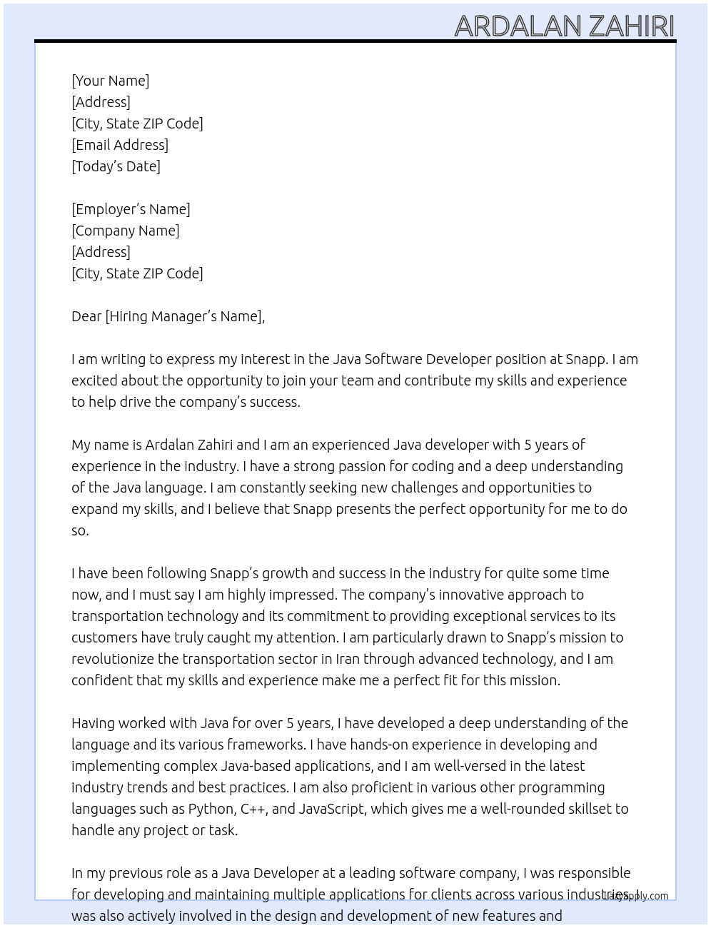 Java software developer At Snapp Cover Letter