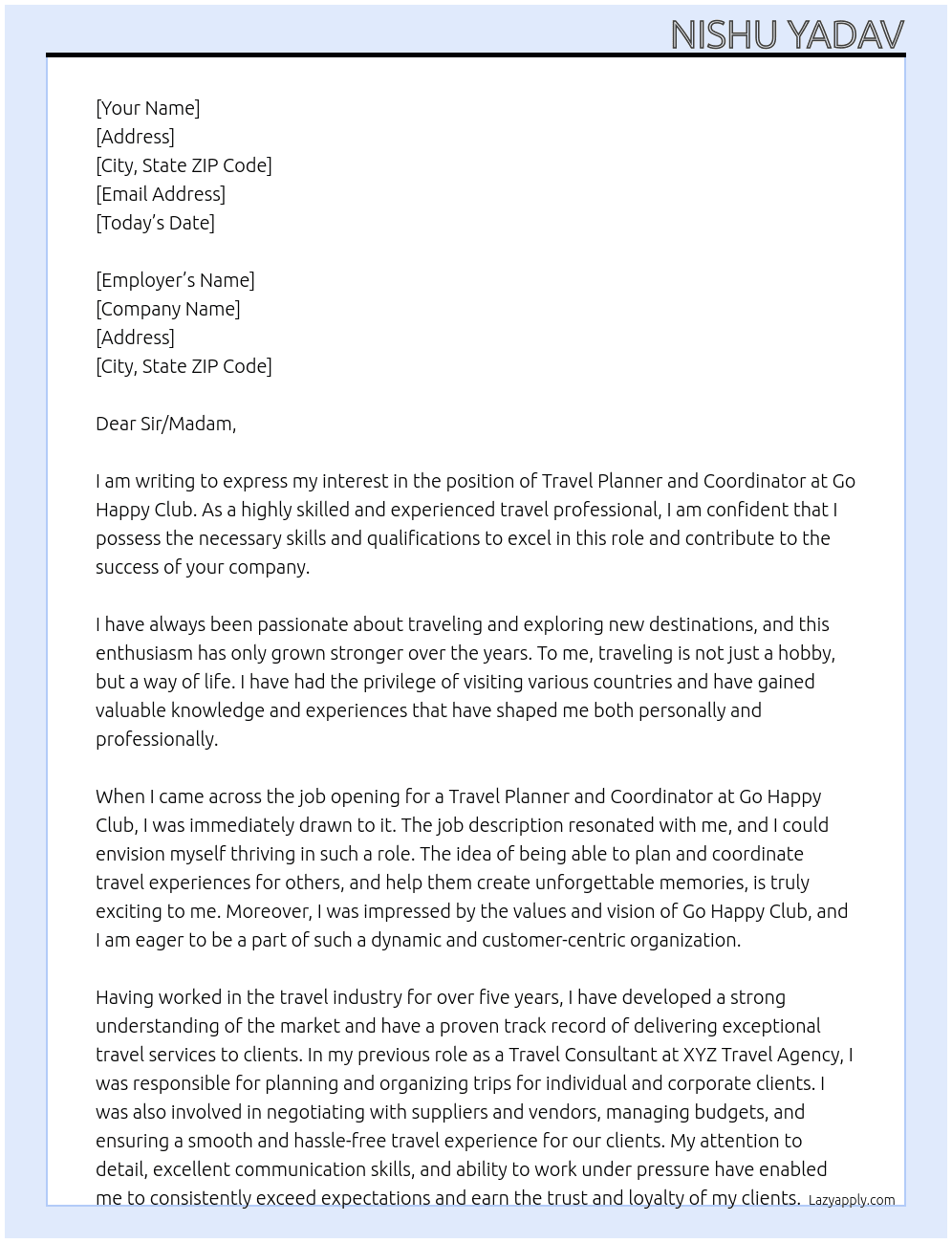 travel planner and coordinator At Go happy club Cover Letter