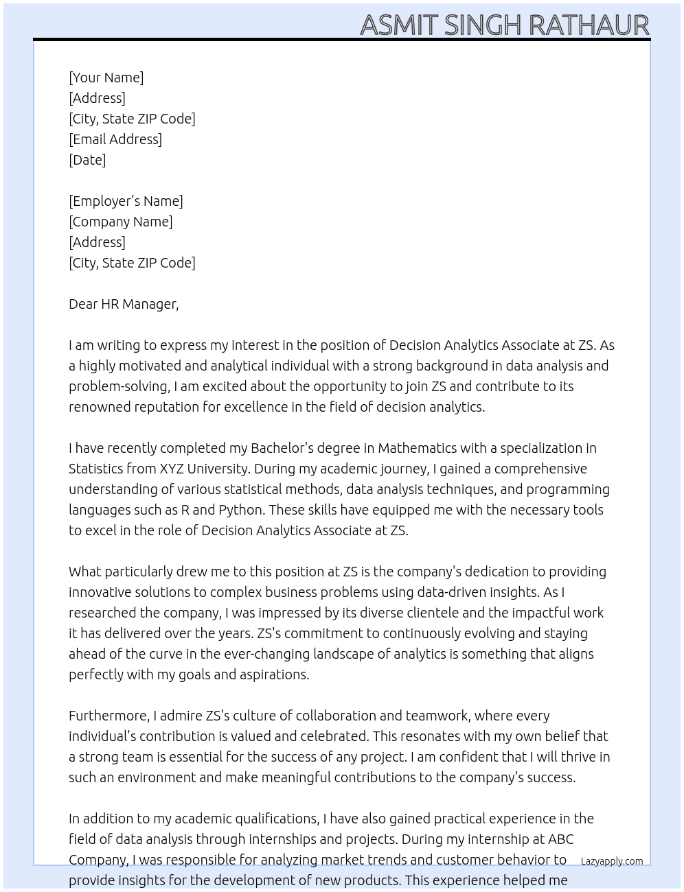 Decision Analytics Associate At ZS Cover Letter