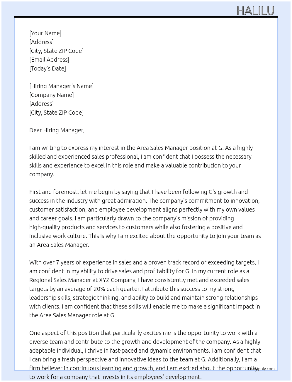 Area sales manager At G Cover Letter