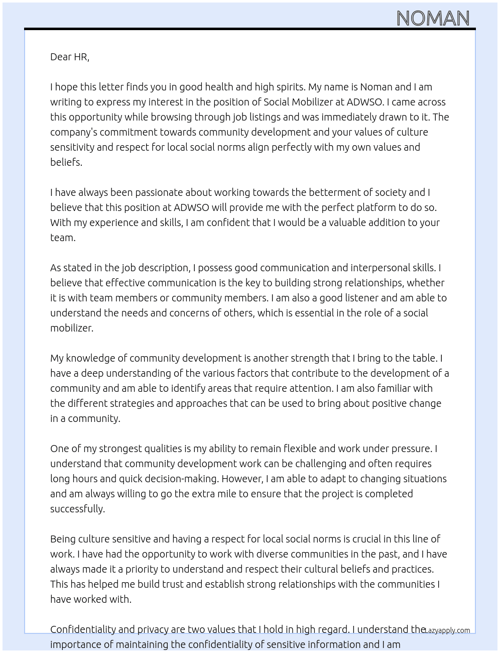 Social Mobilizer  At ADWSO Cover Letter