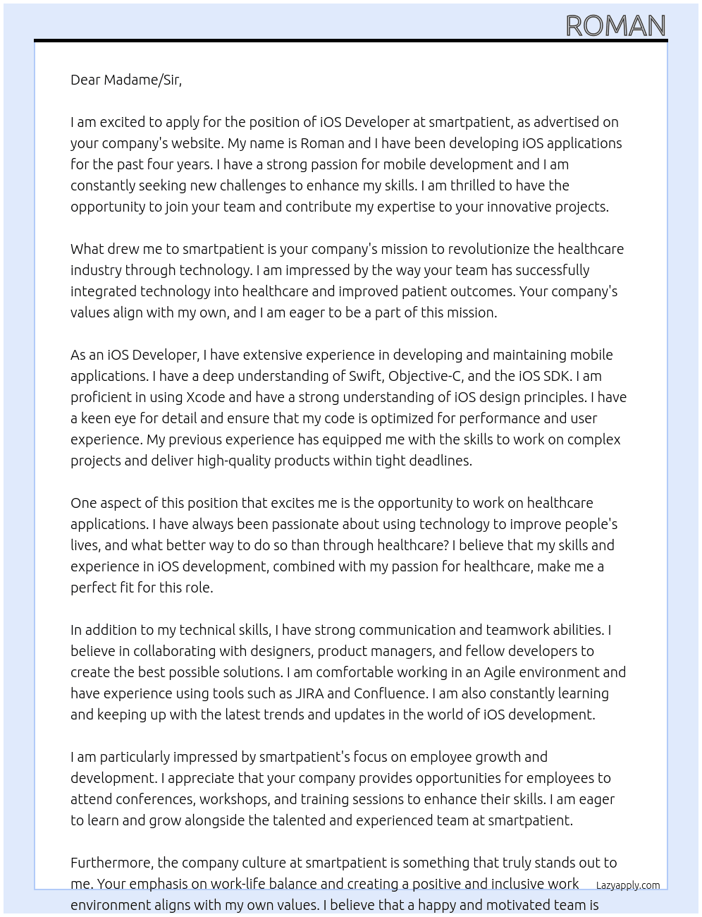 iOS Developer At smartpatient Cover Letter