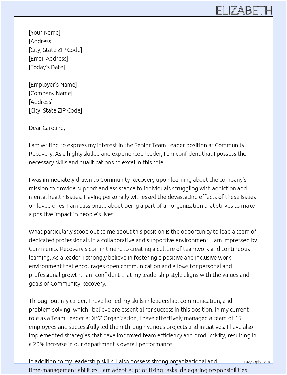 Senior Team Leader  At Community Recovery Cover Letter