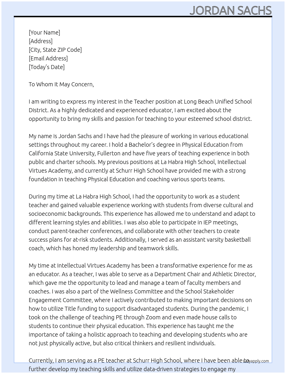 Teacher At Long Beach Unified School District Cover Letter
