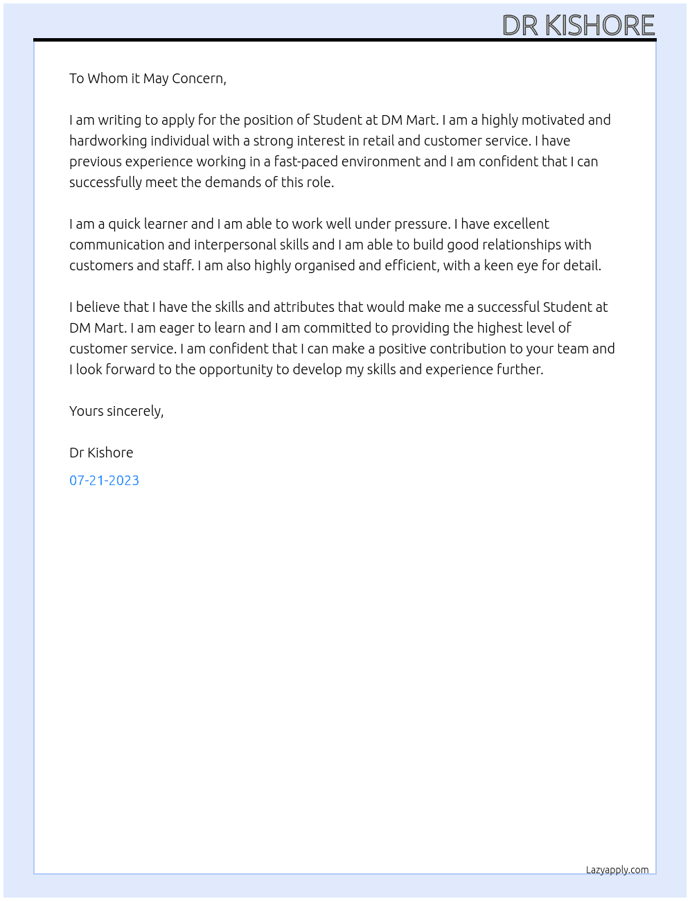 Student At DM mart Cover Letter