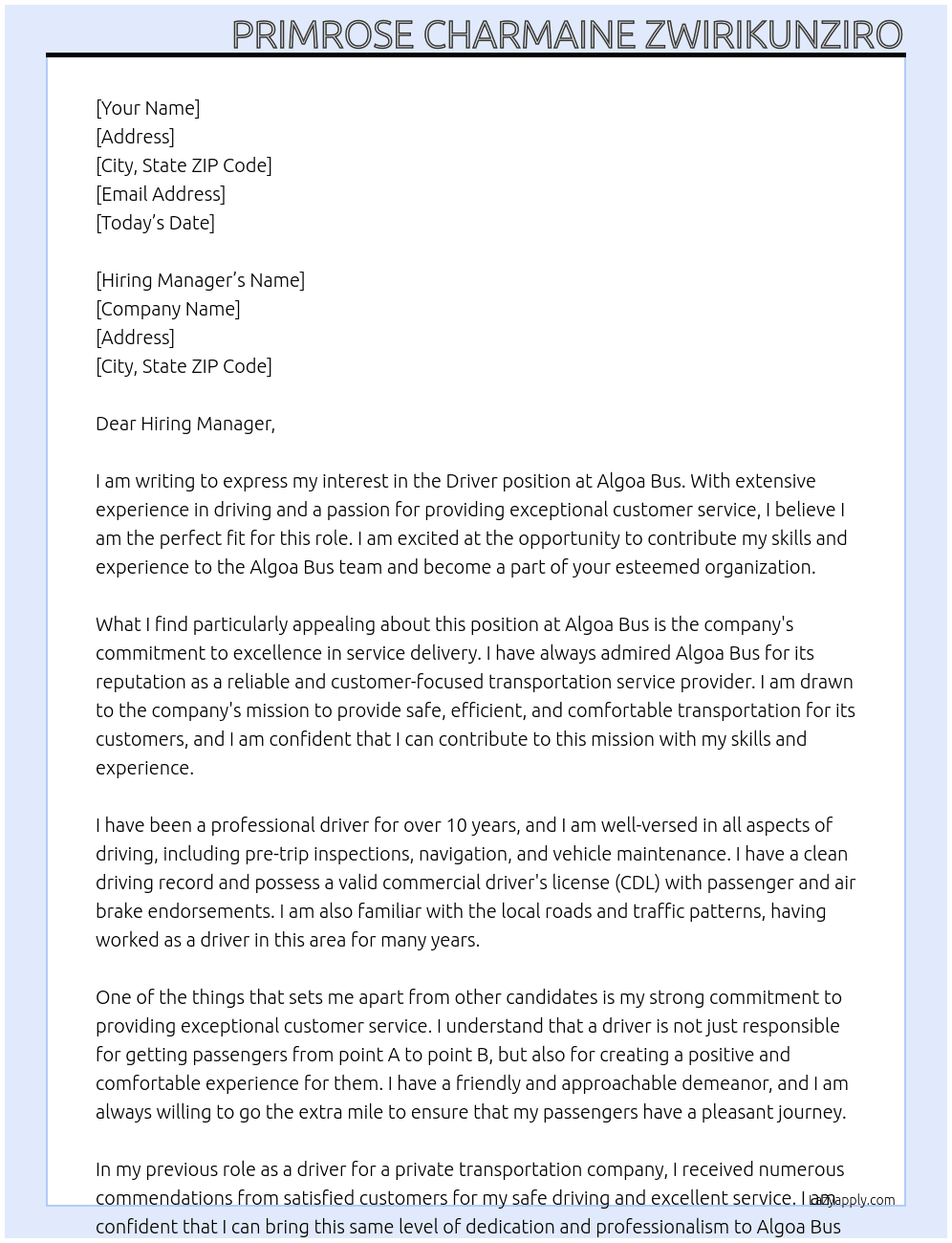 Driver  At Algoa Bus Cover Letter