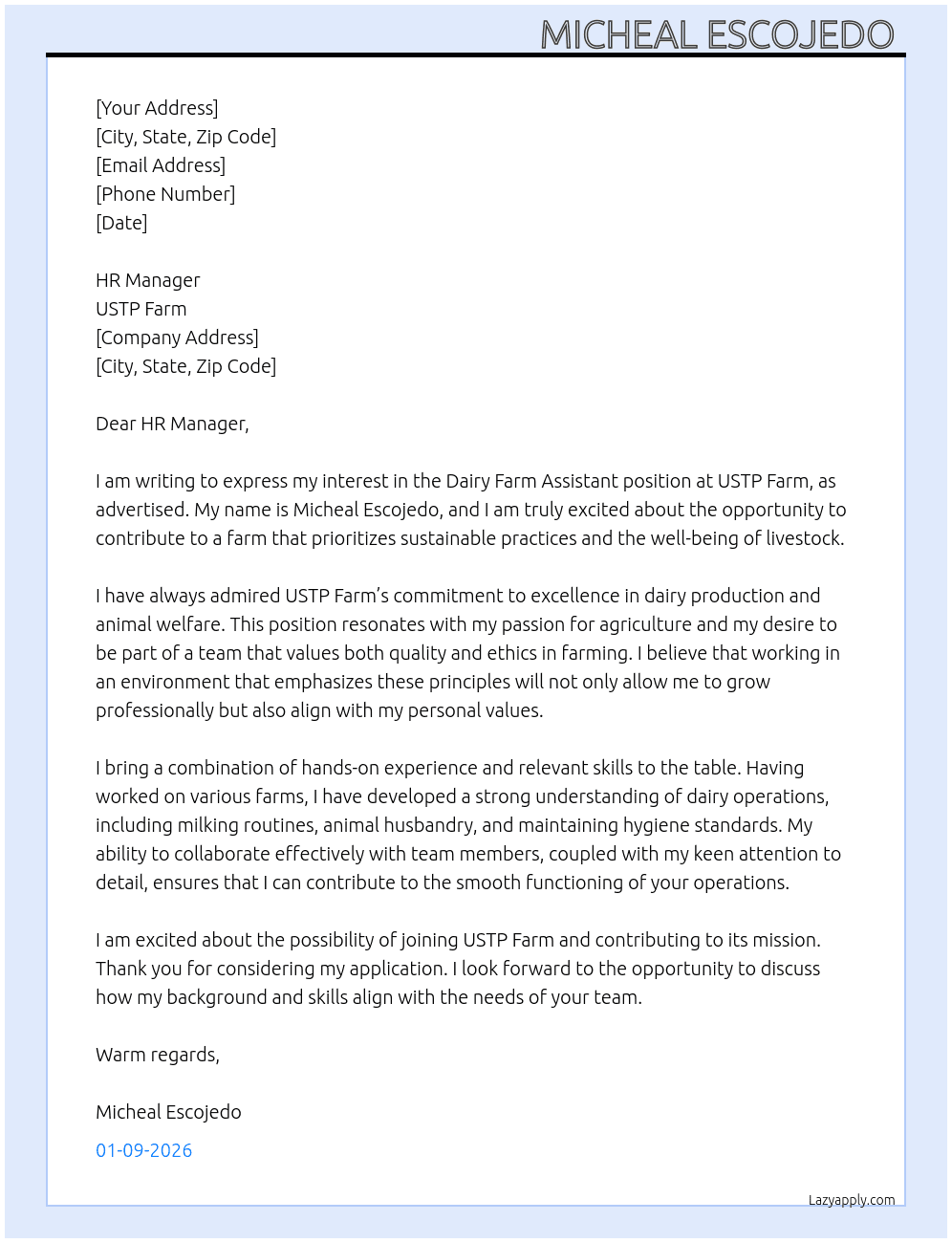Dairy Farm Assistant At USTP FARM Cover Letter