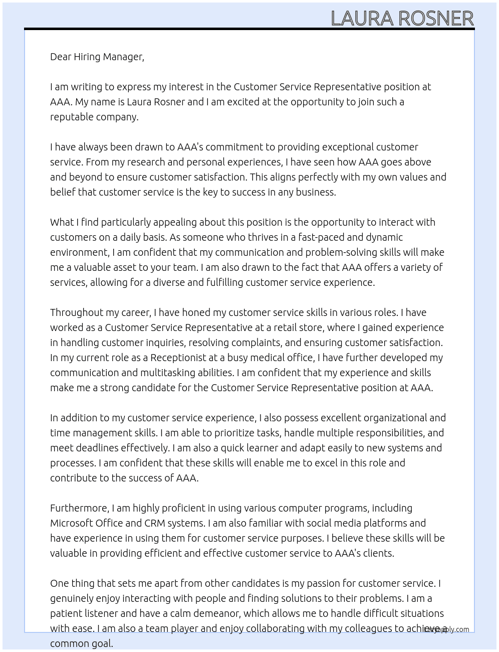Customer Service Rep At AAA Cover Letter