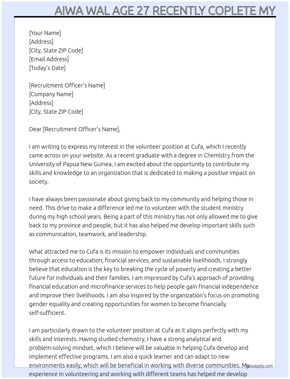  volunteer  At Cufa Cover Letter