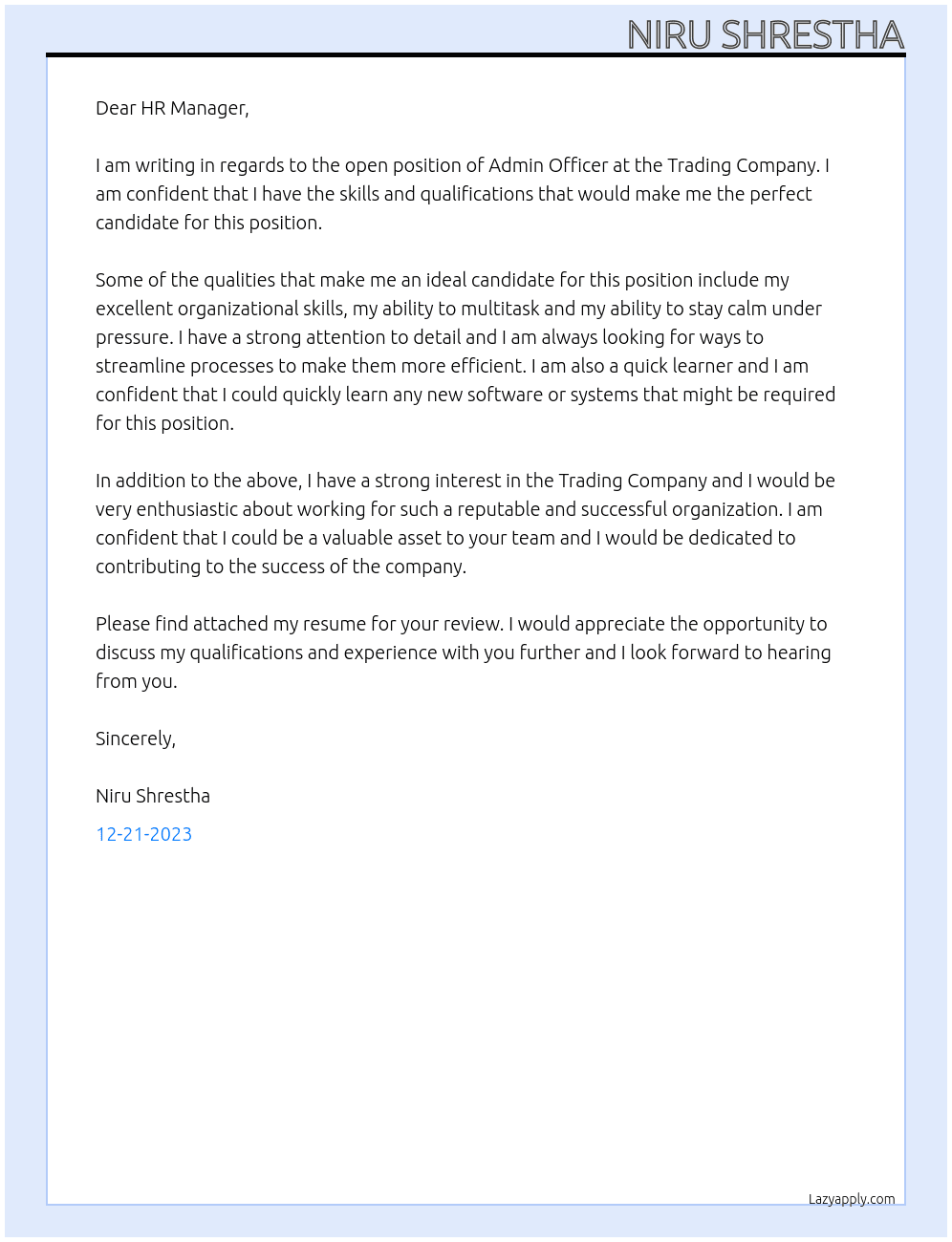 Admin officer At Trading company Cover Letter