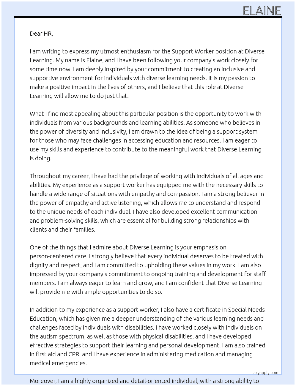 Support worker At Diverse Leaning Cover Letter