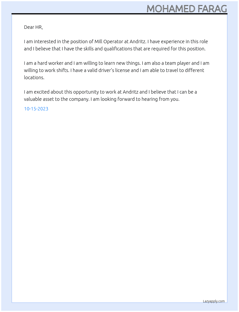 Mill Operator At Andritz Cover Letter
