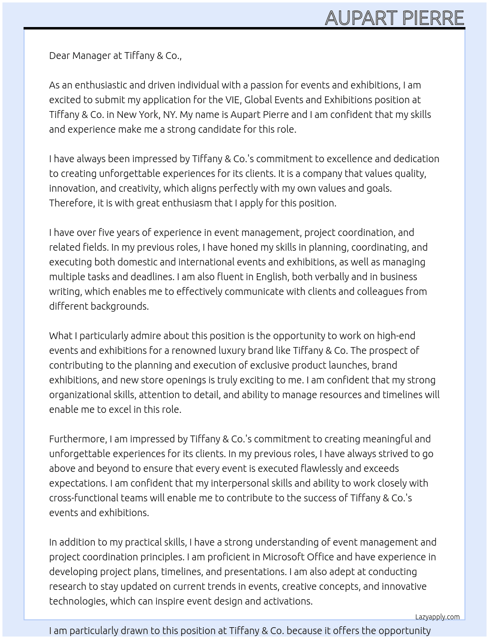 Cover letter for vie, global events and exhibitions new york, ny, united states - LazyApply