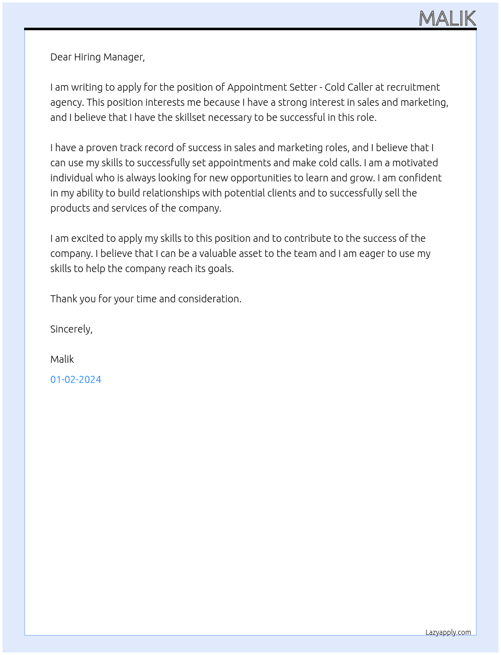 Appointment Setter - Cold Caller At recruitment agency Cover Letter