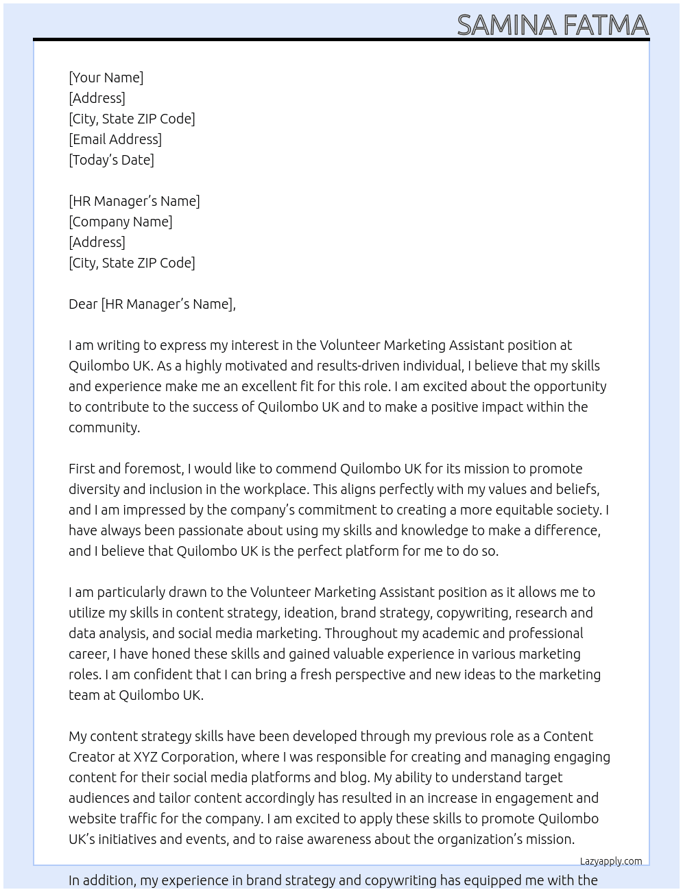 Volunteer Marketing Assistant At Quilombo UK Cover Letter
