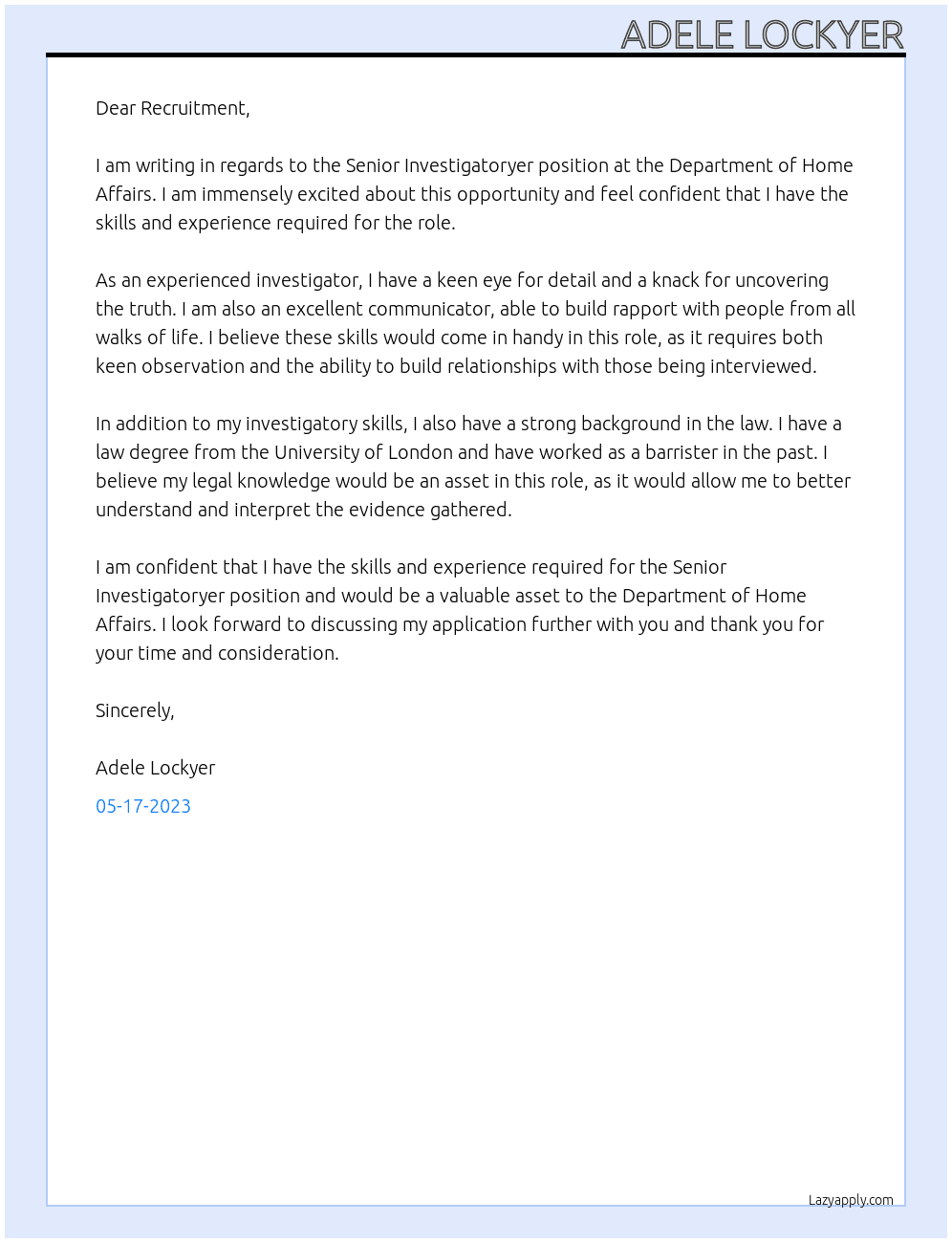 Senior Investigatoryer At Department of Home Affairs Cover Letter