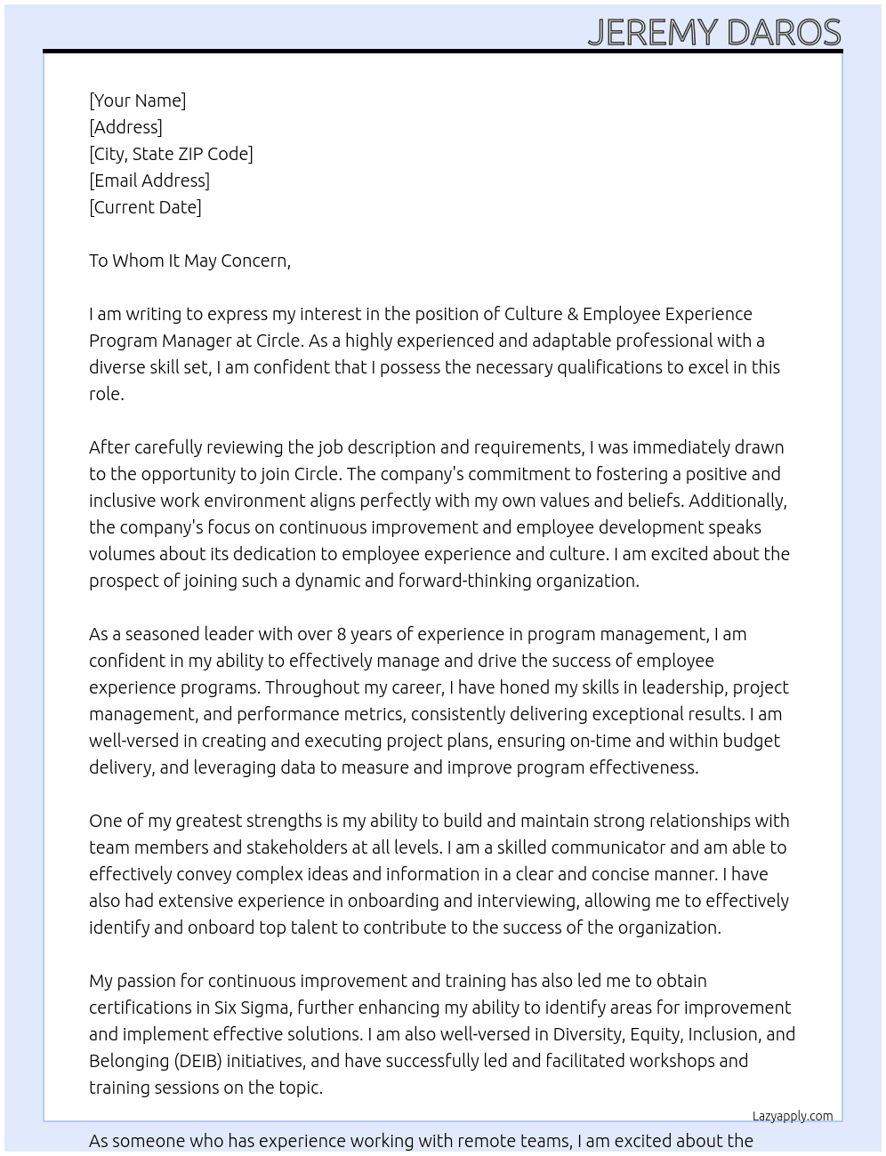 Culture & Employee Experience Program Manager At Circle Cover Letter
