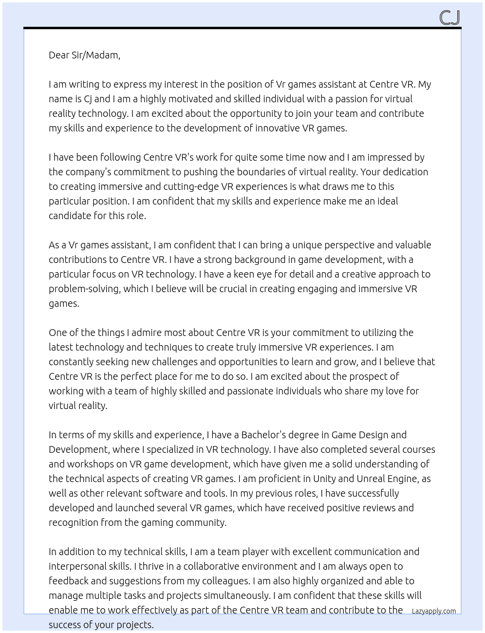 Vr games assistant At Centre VR Cover Letter