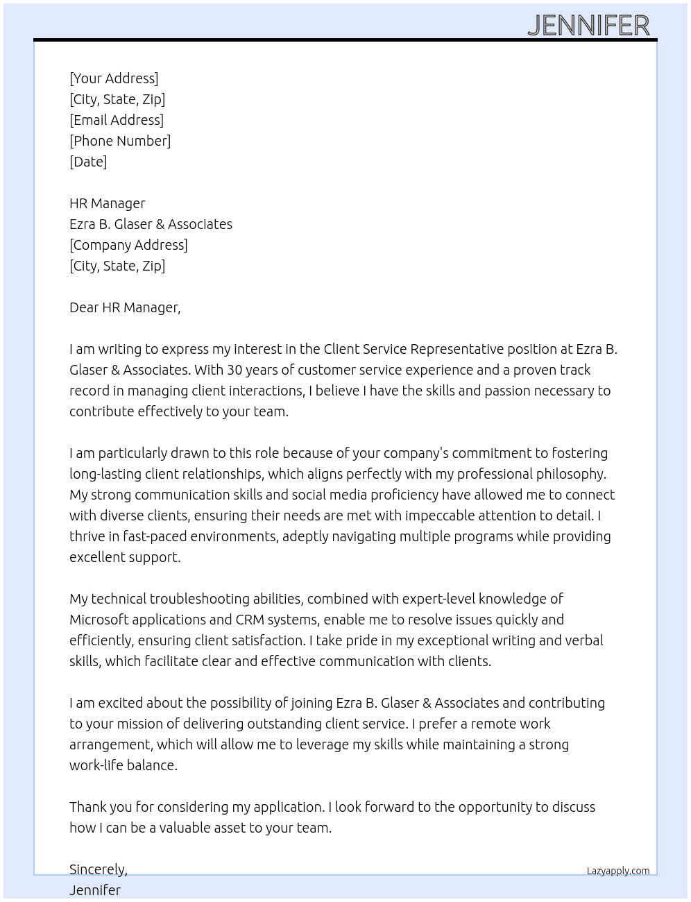 Cover letter for client service representative - LazyApply