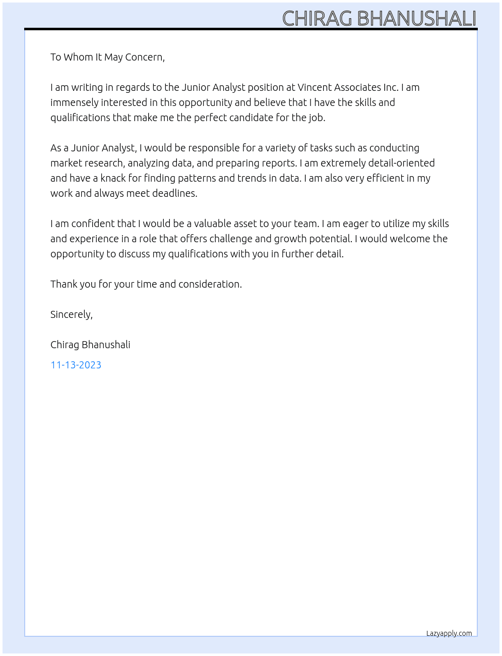 Junior Analyst At Vincent Associates Inc Cover Letter