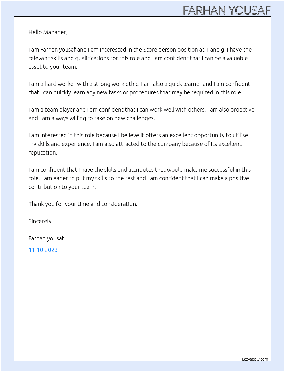 Store person  At T and g Cover Letter
