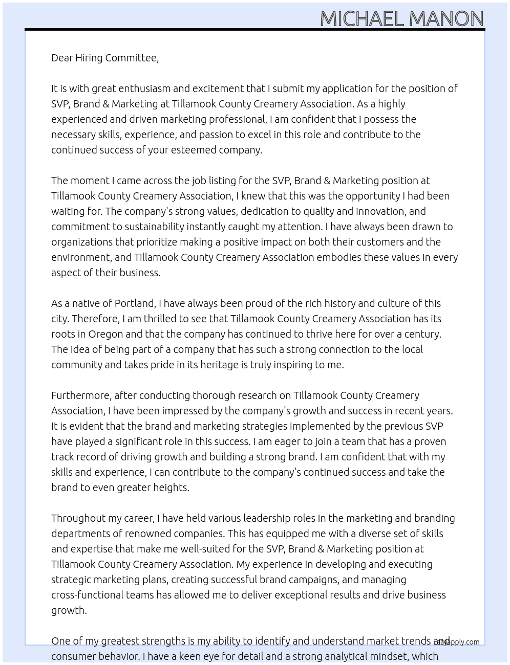 SVP, Brand & Marketing At Tillamook County Creamery Association Cover Letter