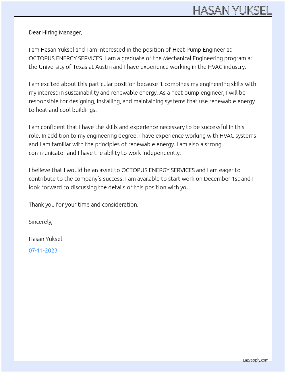 Heat Pump Engineer At OCTOPUS ENERGY SERVICES Cover Letter