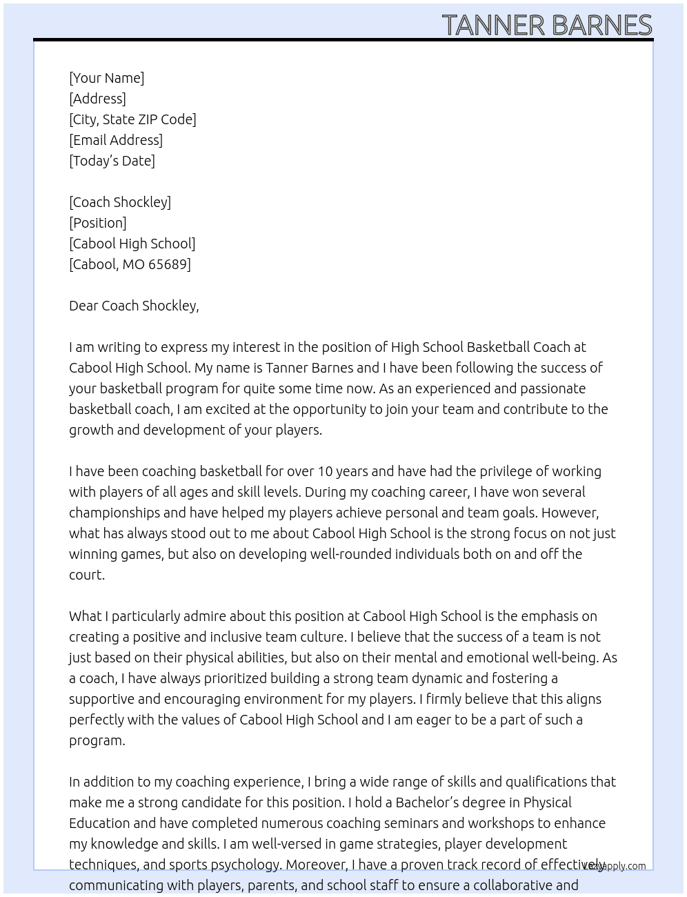 High school basketball coach At Cabool High School Cover Letter