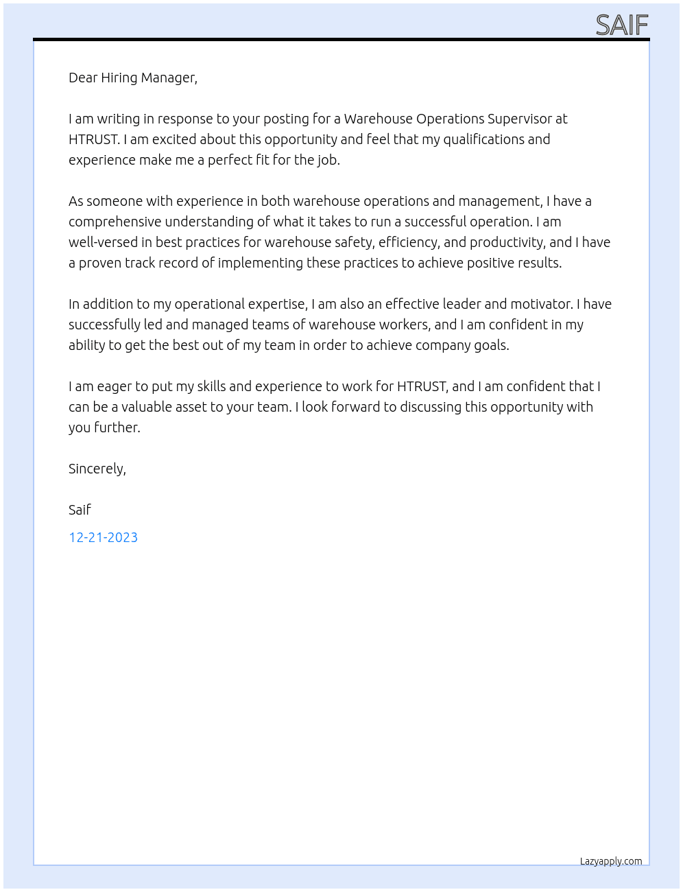Warehouse Operations Supervisor At HTRUST Cover Letter