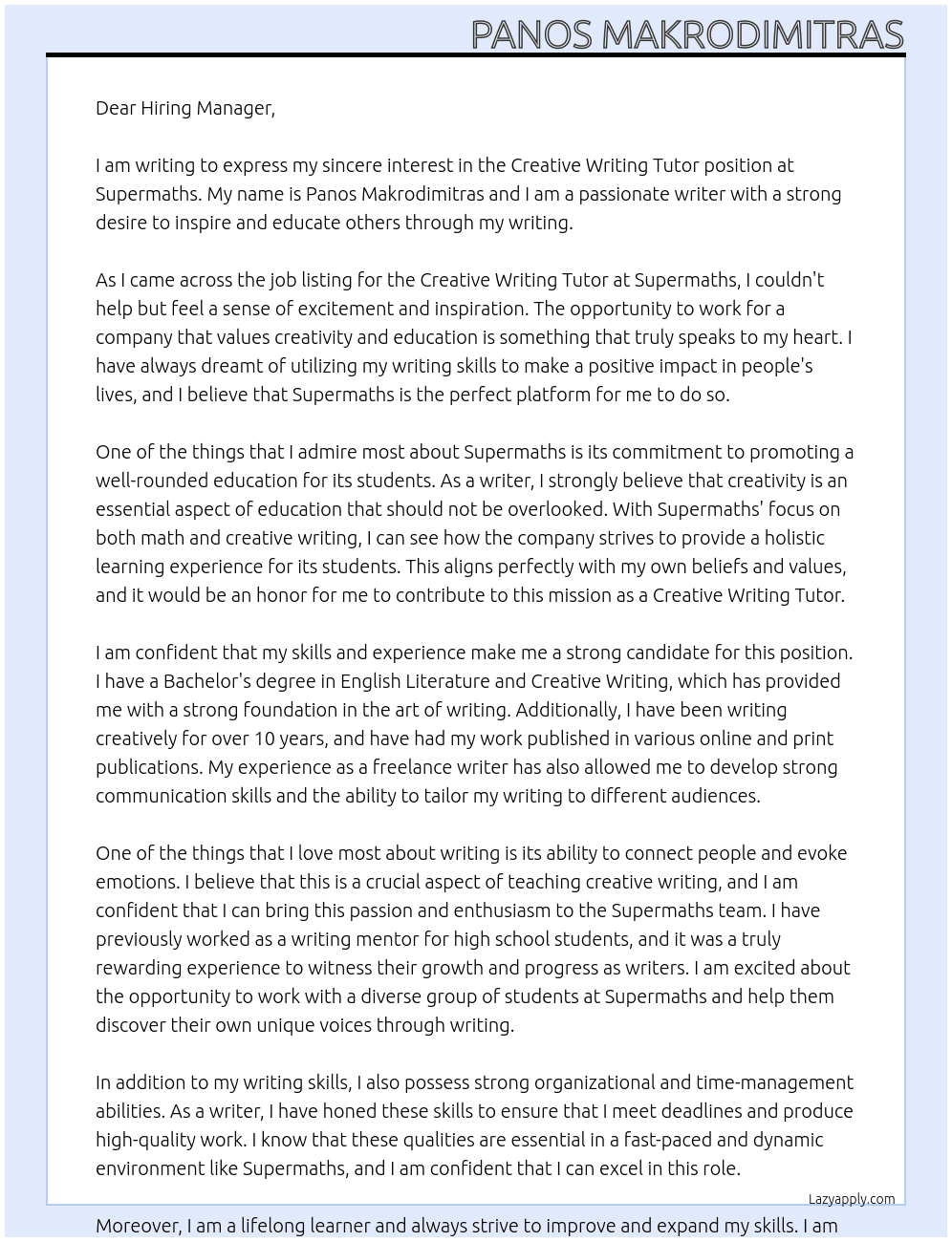 Creative Writing Tutor At Supermaths Cover Letter