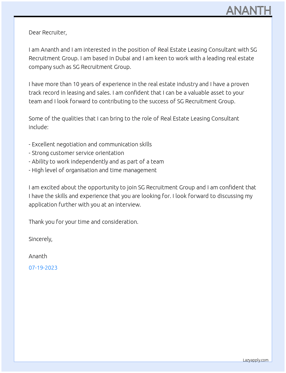 Real Estate Leasing Consultant At SG Recruitment Group Cover Letter