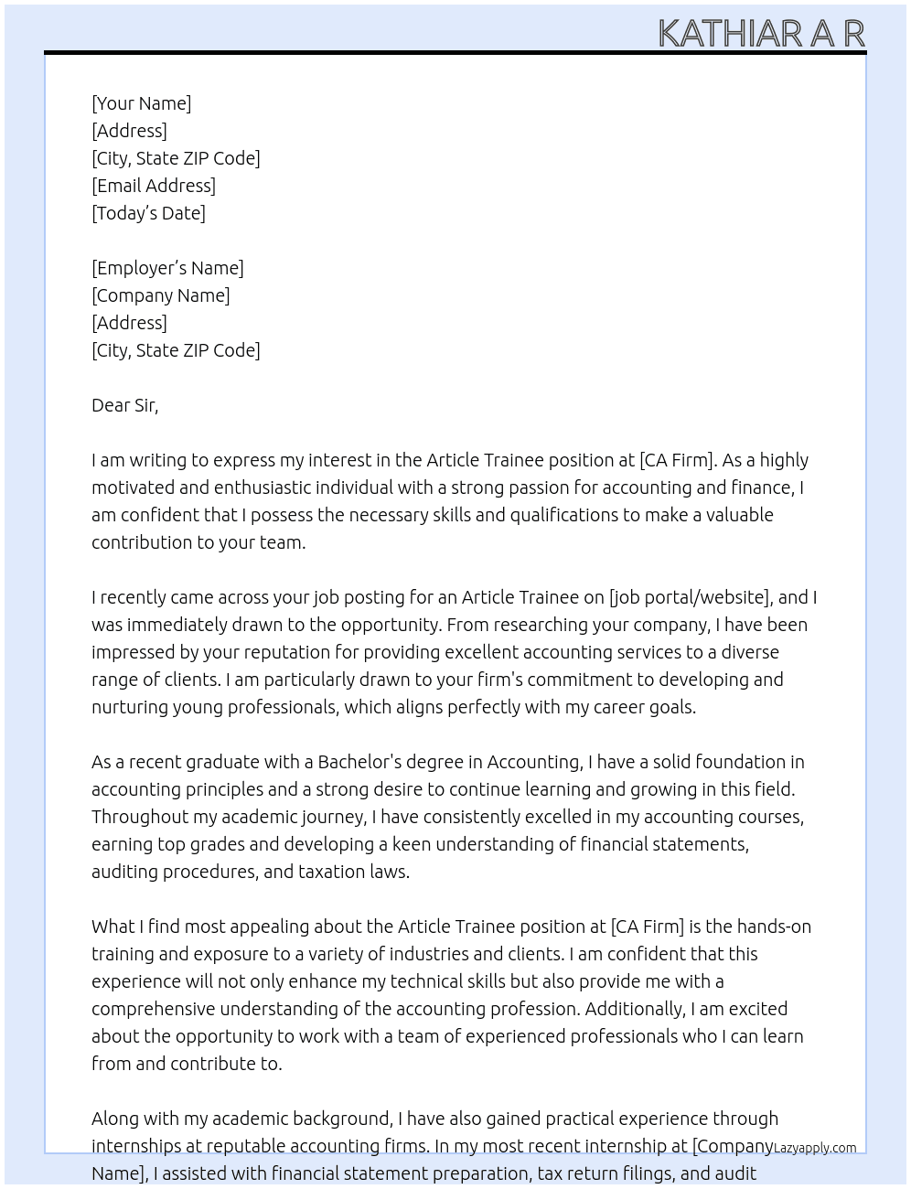 Article Trainee At CA Firm Cover Letter