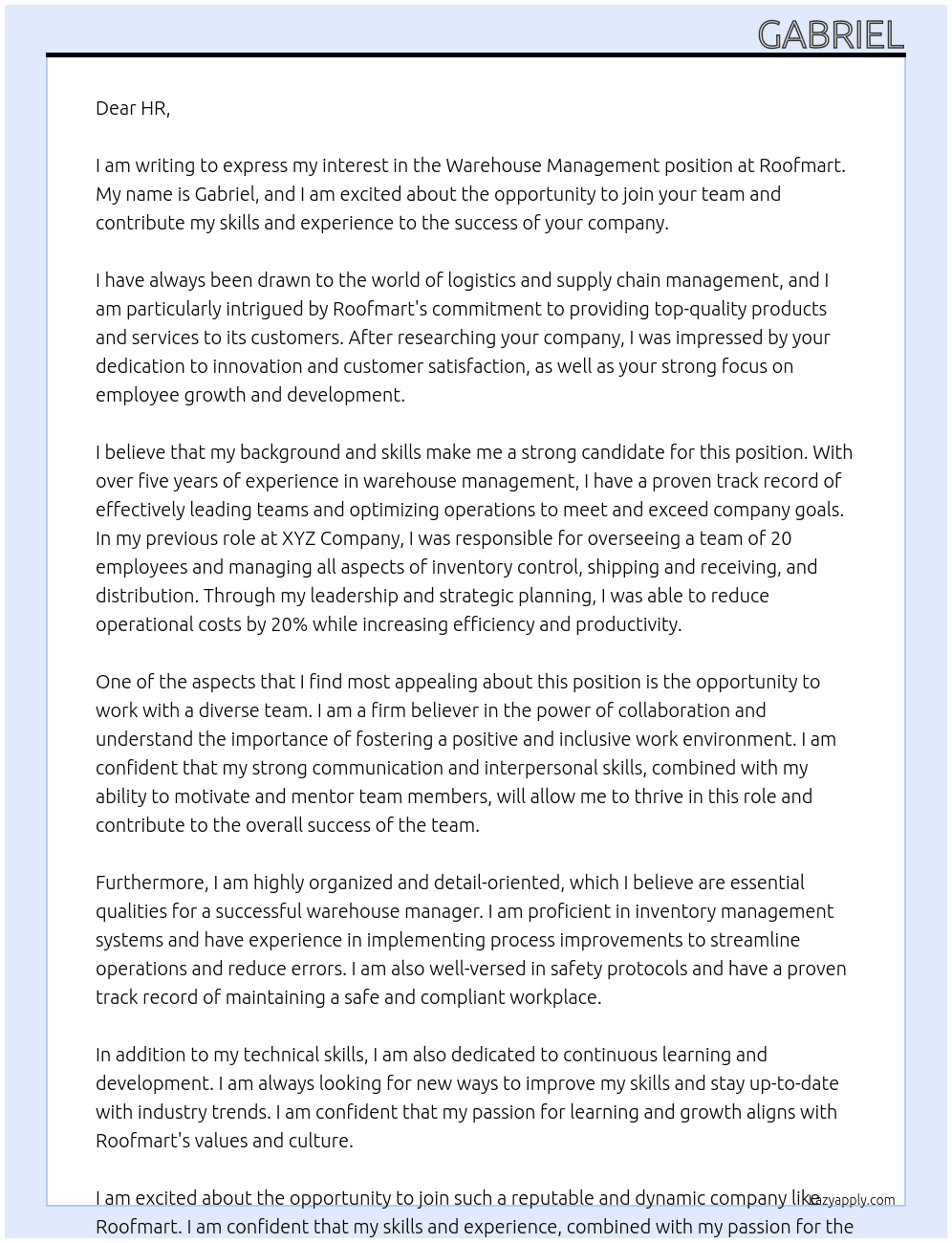Warehouse Management At Roofmart Cover Letter