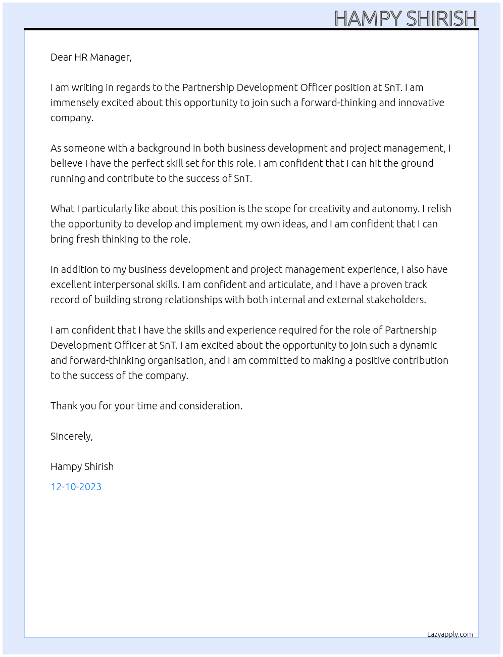 Partnership development officer At SnT Cover Letter