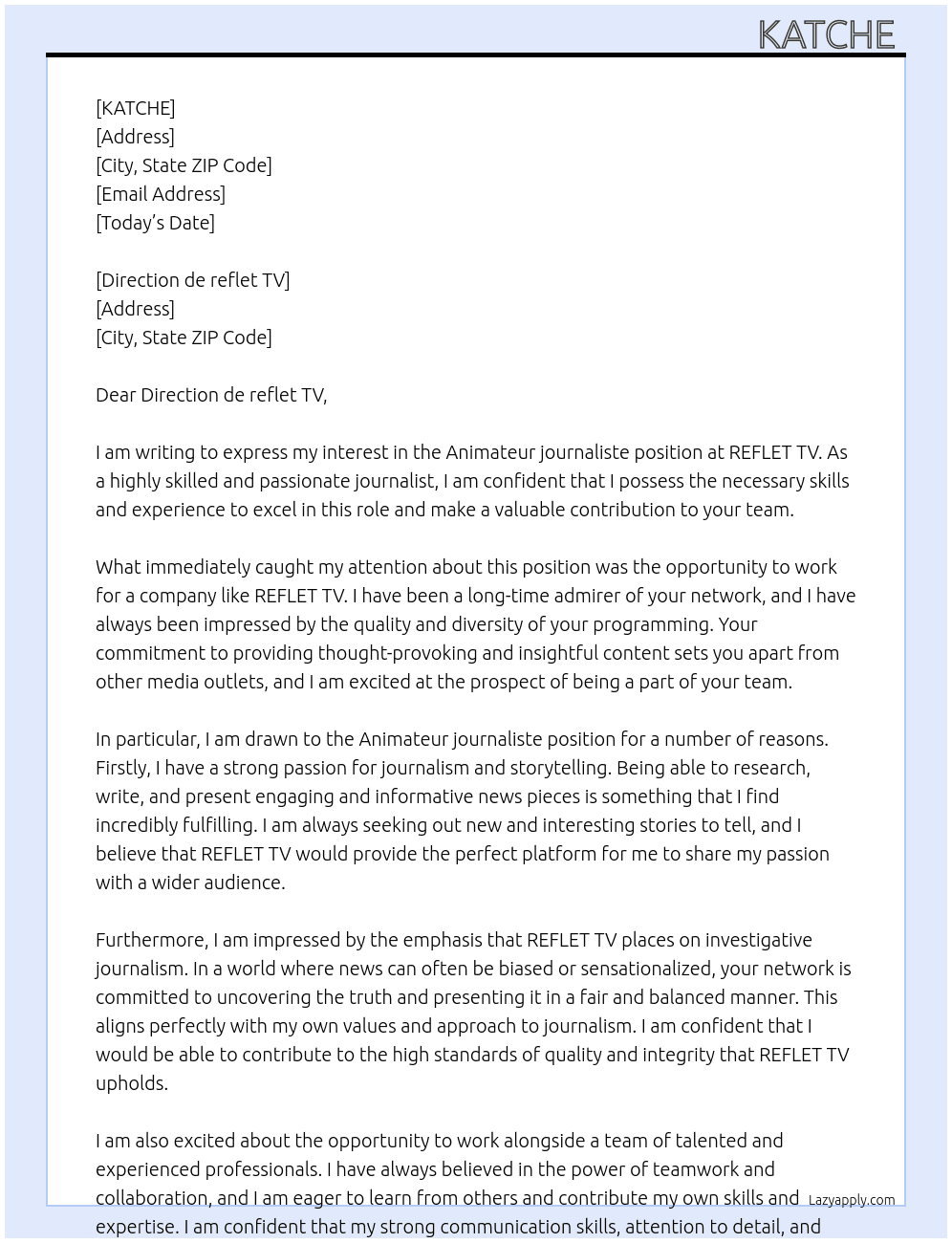 Animateur journaliste  At REFLET TV  Cover Letter