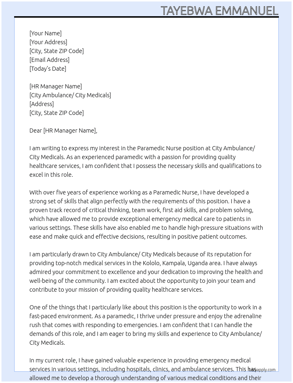 Paramedic Nurse At City Ambulance/ City Medicals Cover Letter