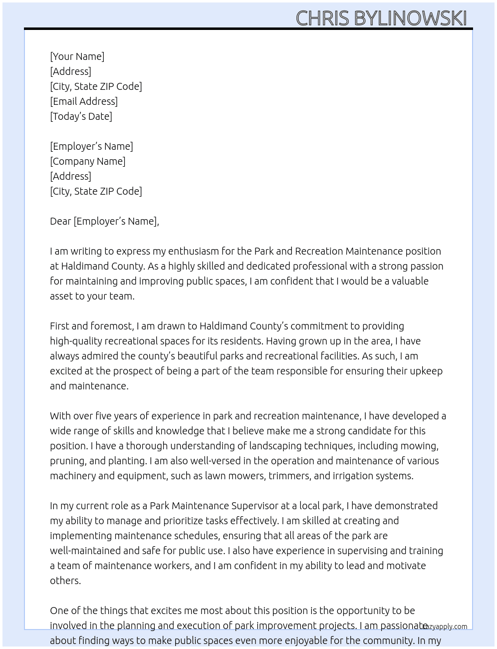Park and recreation maintenance  At Haldimand county  Cover Letter