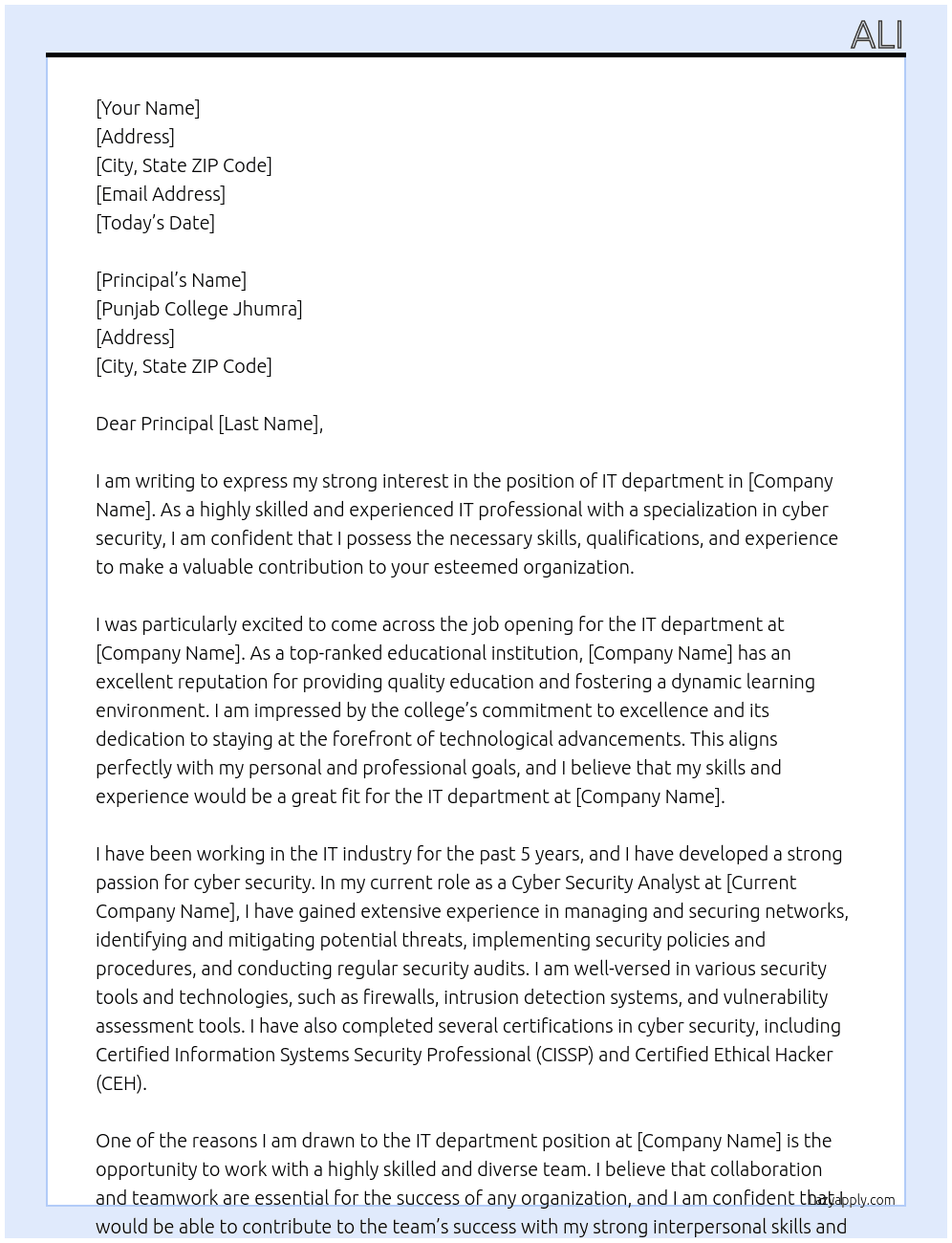 IT department  At Punjab College Jhumra  Cover Letter