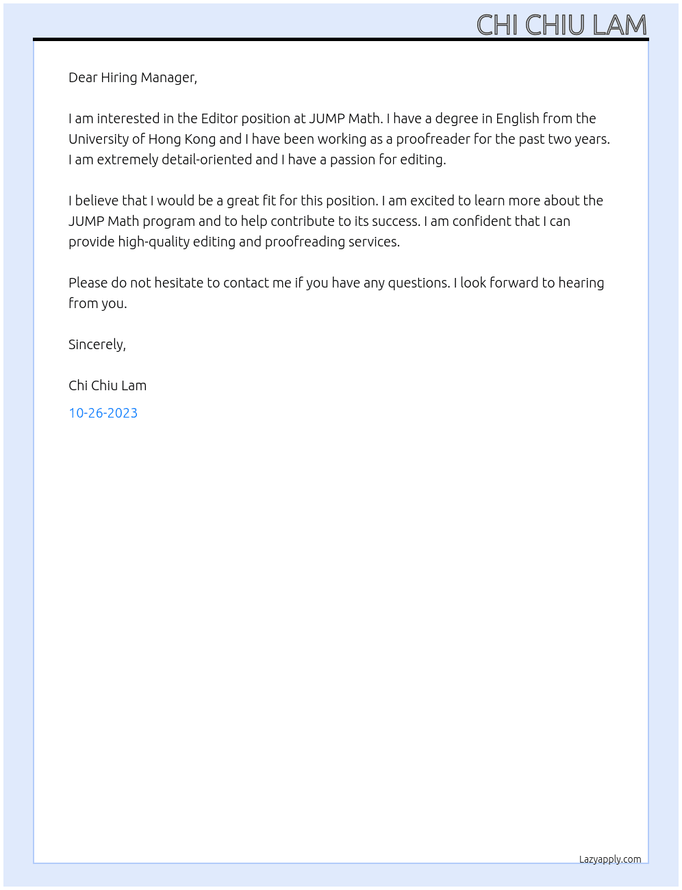Editor At JUMP Math Cover Letter