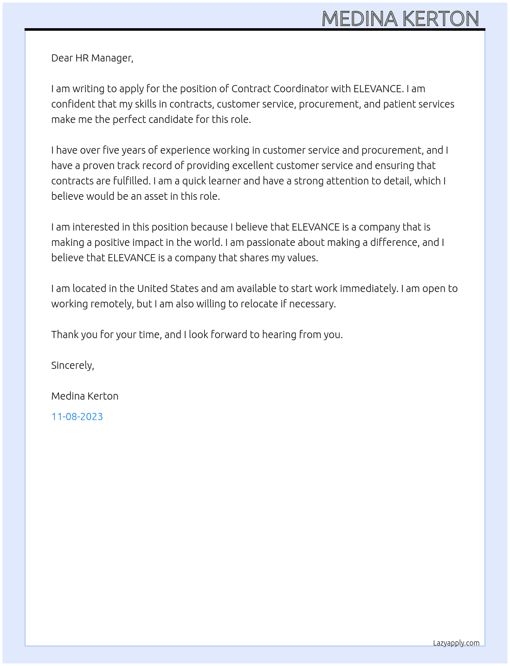 contract coordinator At ELEVANCE Cover Letter