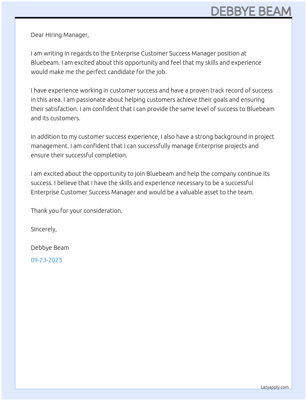 Enterprise Customer Success Manager At Bluebeam Cover Letter