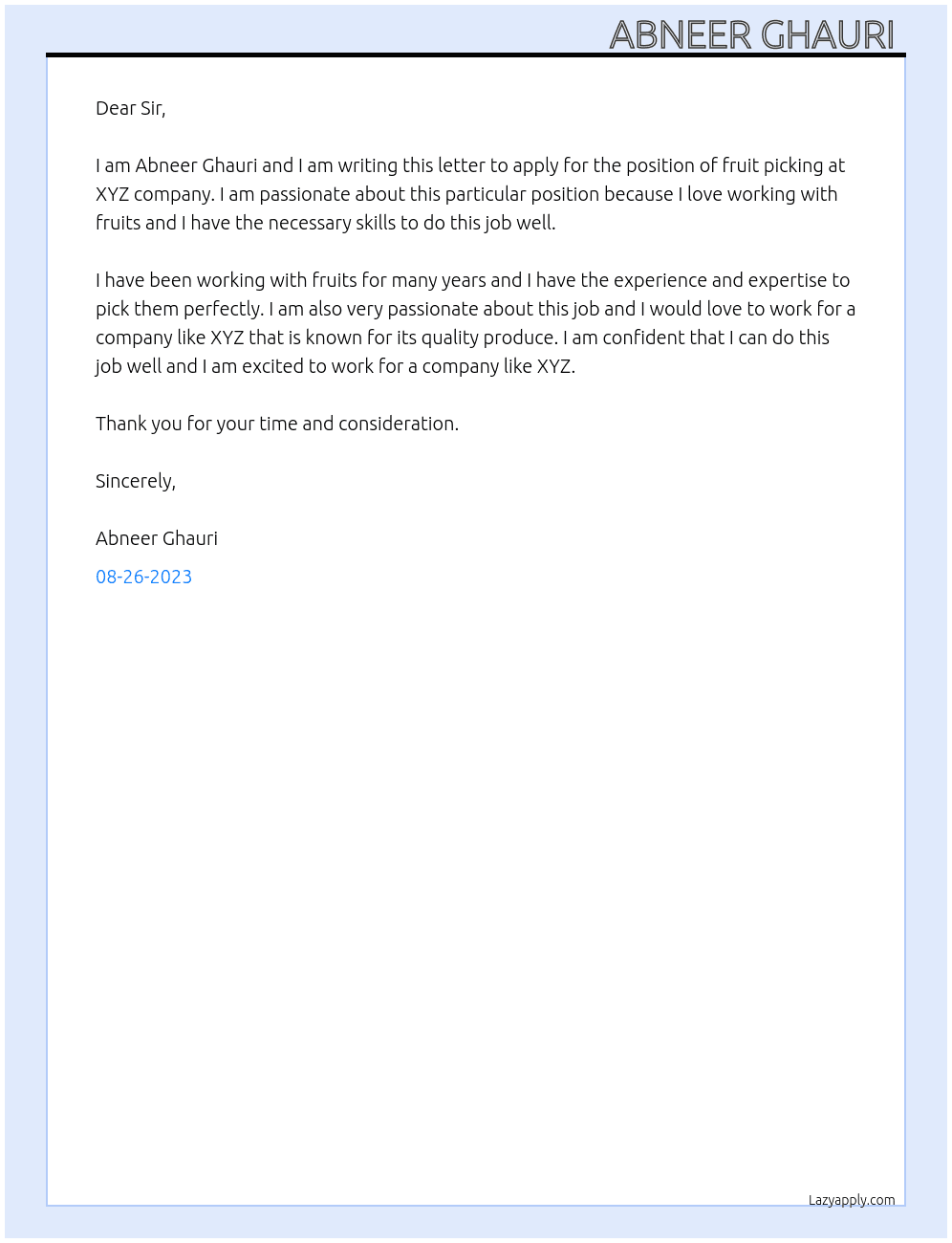 Fruit picking  At Xyz Cover Letter